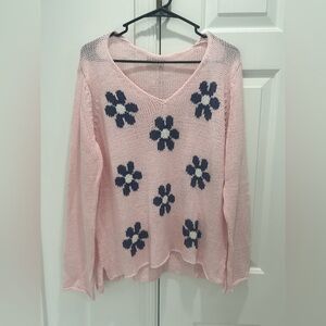 Wooden Ships Pink V-Neck Sweater with Navy Flower Motif